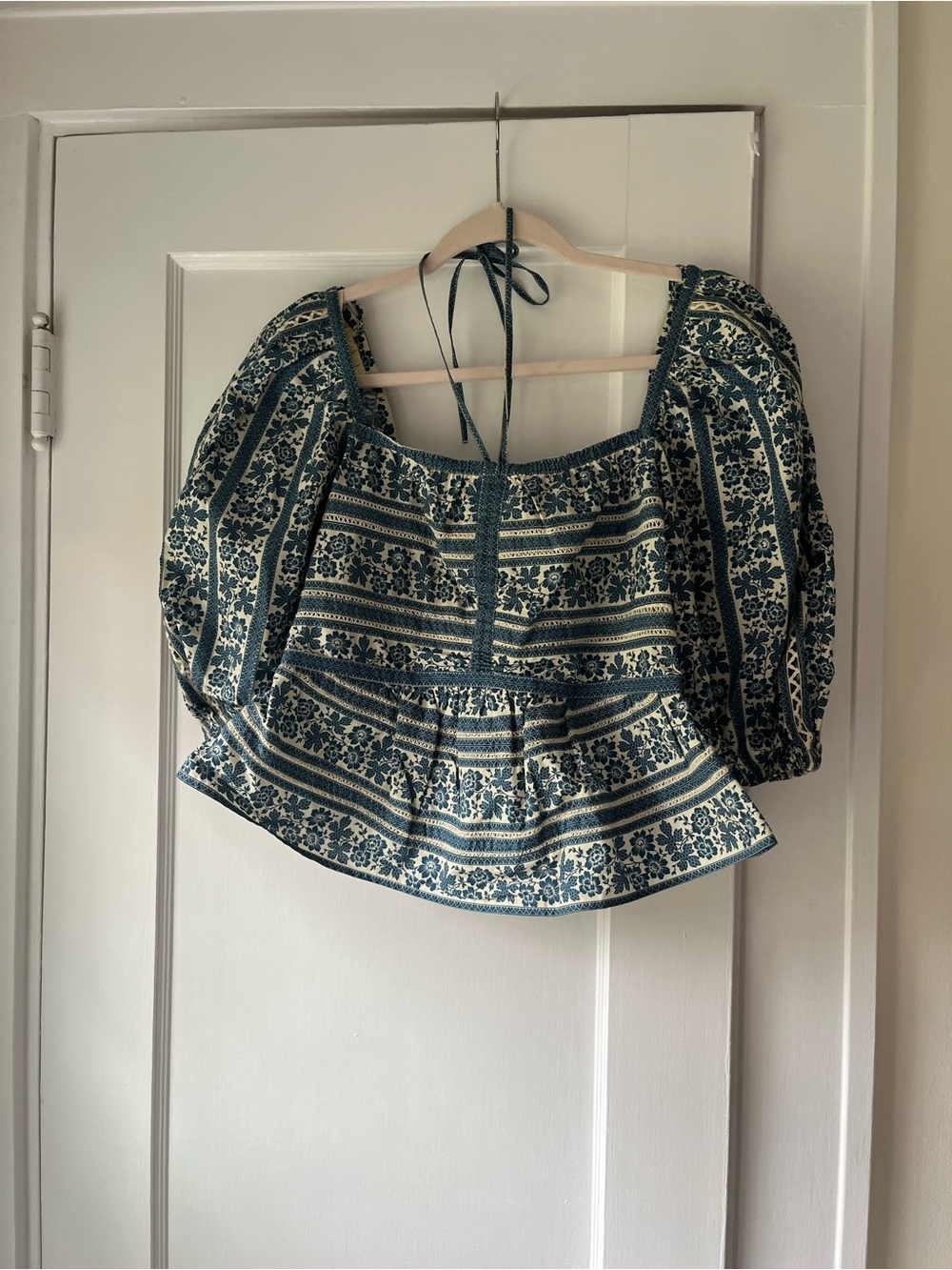 Sea New York Blue and Cream Floral Peasant Blouse